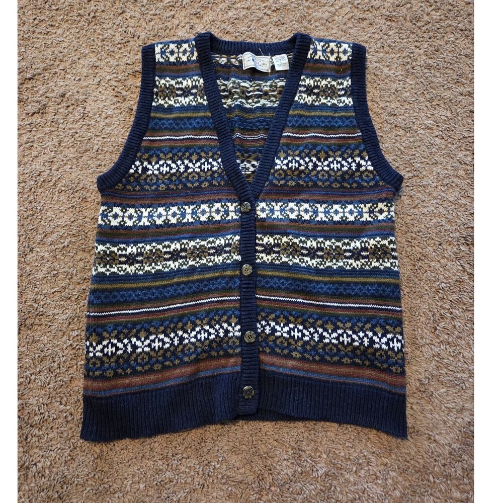 vtg 80s bugle boy fair isle sweater vest knit button front cotton blend L